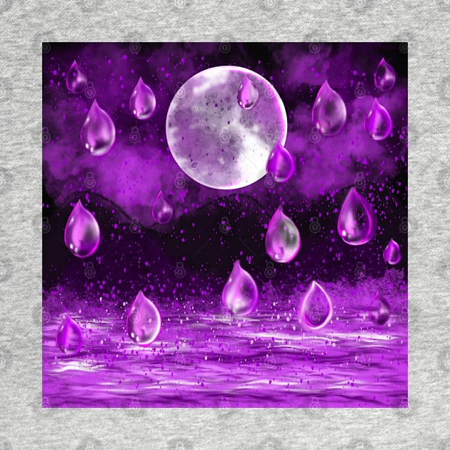 Full moon in the rain, purple midnight landscape with raindrops falling into Water by Artonmytee